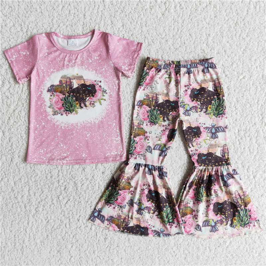 E12-15  Baby girls western pink cow bell pants sets