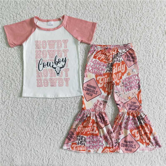 E13-18  Children kids pink howdy western bell pants sets
