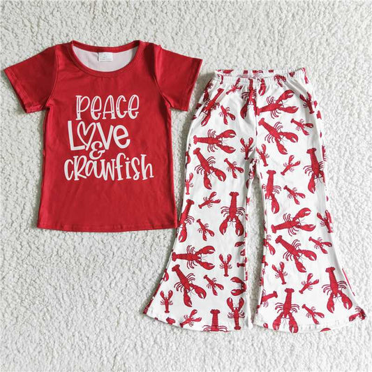 B16-25  Children peace love crawfish bell pants sets