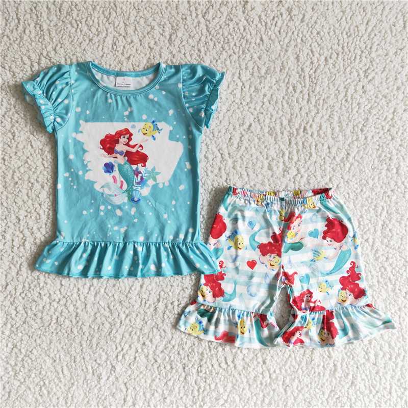 Children summer mermaid shorts sets