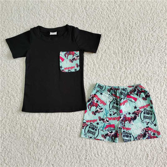 BSSO0013 Baby boys pocket blue western black shorts sets