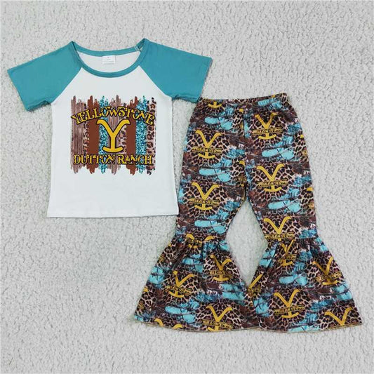 GSPO0064 Girls' green YELLOWSTONE short-sleeved shorts set