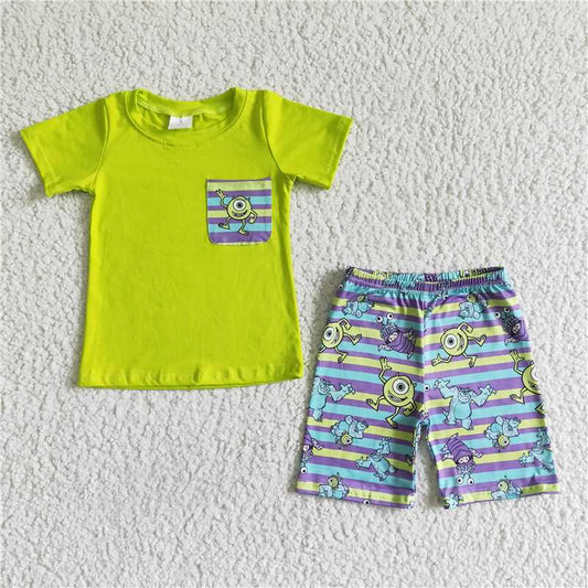 BSSO0044 Baby boy cartoon green pocket shorts sets