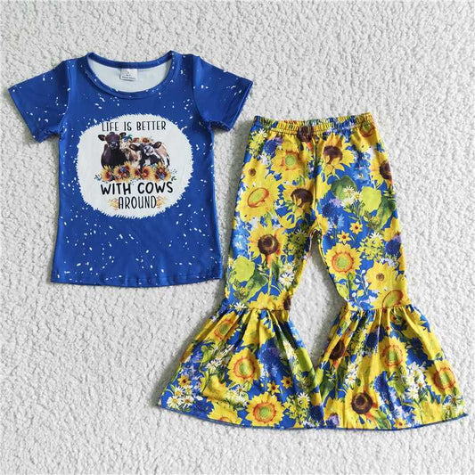 GSPO0071 Girls WITHCOWS cow sunflower short-sleeved trousers suit