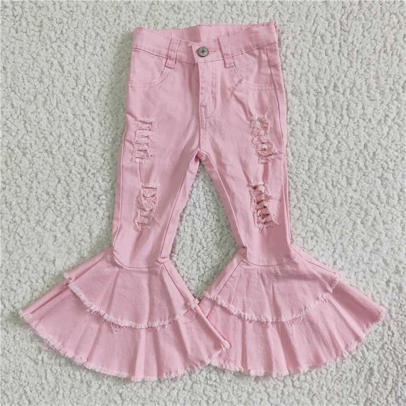 P0005  Baby girls boutique light pink double ruffle denim pants jeans