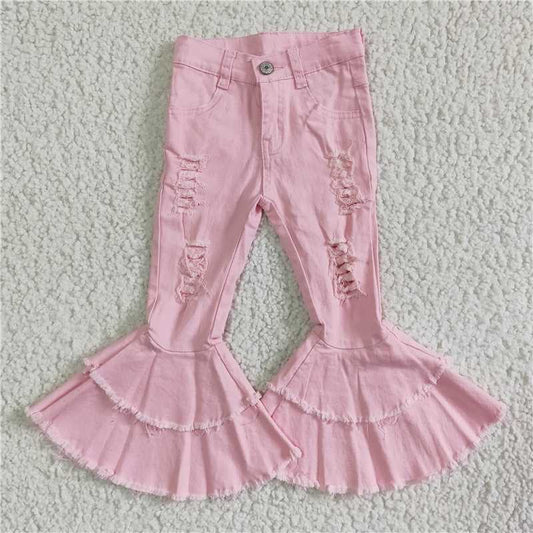 P0005  Baby girls boutique light pink double ruffle denim pants jeans