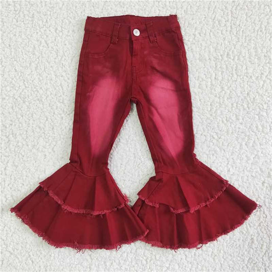 P0004  Baby girls Wine fall double ruffle denim pants jeans