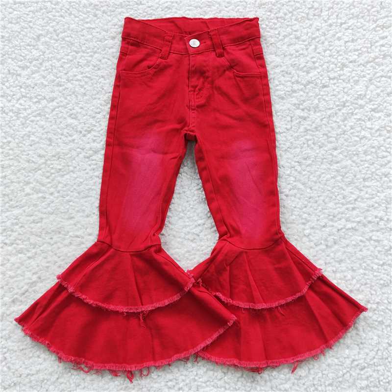 P0006  Baby girls red color double ruffle denim jeans pants