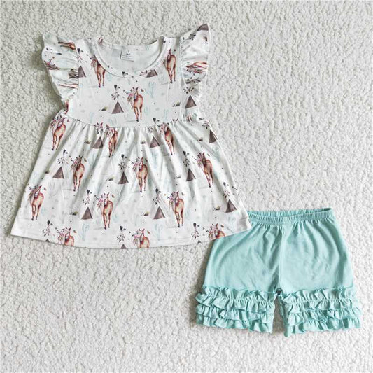 Baby girls horse teepee western pearl top icing ruffle shorts sets