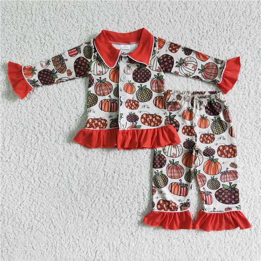 GLP0047Pumpkin girls ruffle fall pajamas