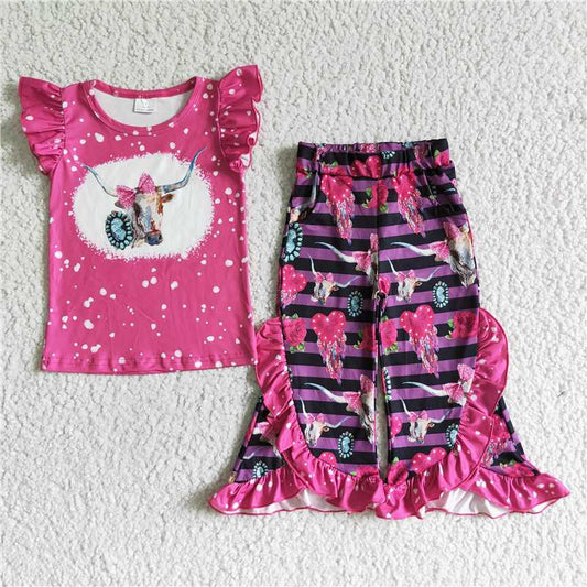 GSPO0102 Girls' cow bow jewel rose red short-sleeved trousers suit