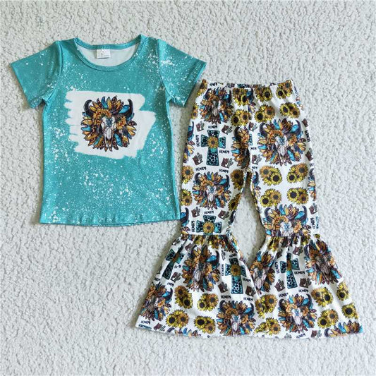 GSPO0073 Girls' blue bull head sunflower short-sleeved trousers suit