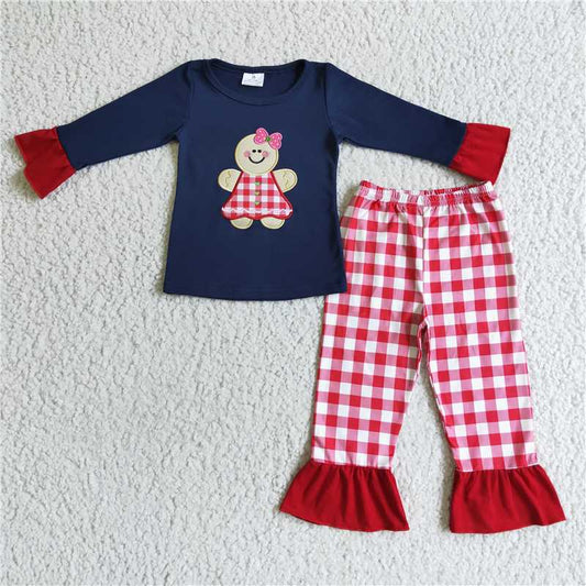 GLP0034 Girls Christmas embroidered gingerbread long-sleeved plaid trousers suit