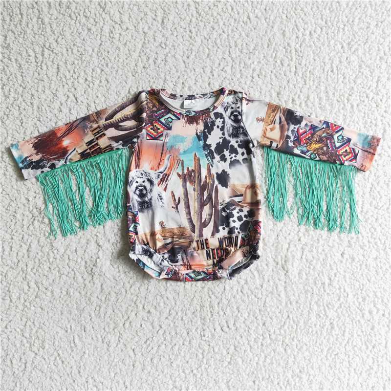 SR0323 LR0051 LR0049 Baby Girls Western Tassel Howdy Rompers：Short sleeve &long sleeve