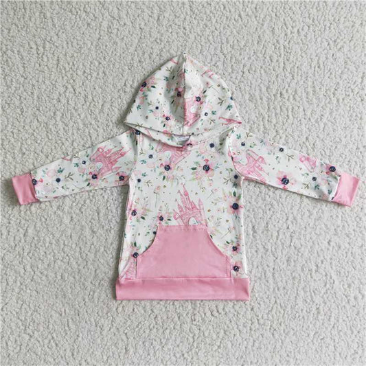 GT0011 Girls pink castle pocket hooded long-sleeved top