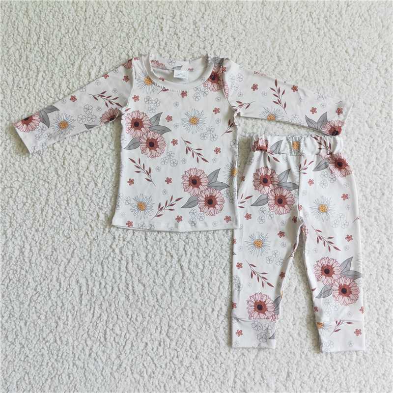 GLP0198White floral long sleeves baby girls fall pajamas