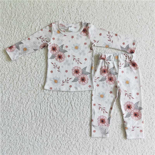 GLP0198White floral long sleeves baby girls fall pajamas