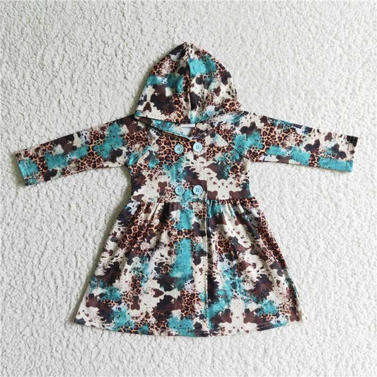 GT0027   Baby girls hooded blue cow west long sleeve dresses