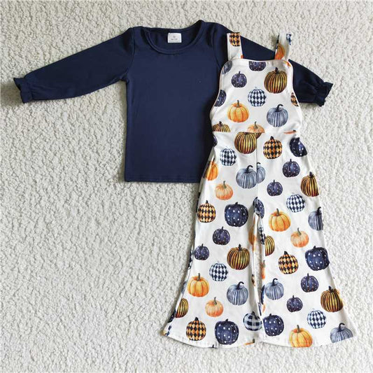 GLP0183Blue shirt pumpkin overalls baby girls Halloween set