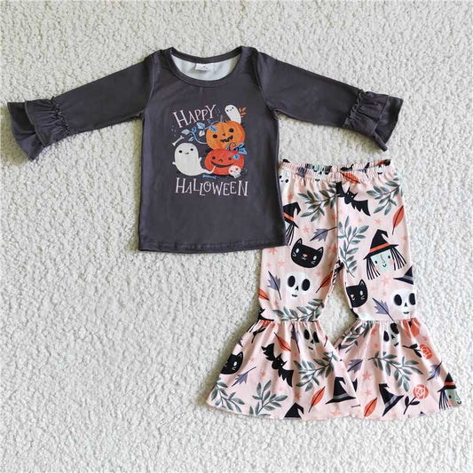 GLP0239Happy Halloween ghost pumpkin bell bottom pants kids girls set