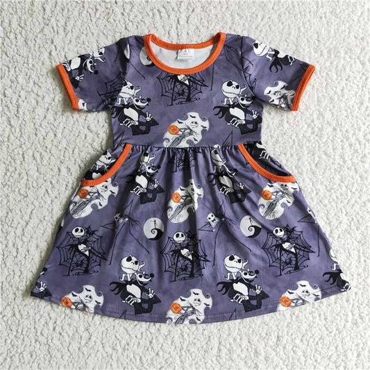 GSD0149 Smiley face skull spider web pocket short sleeve dress