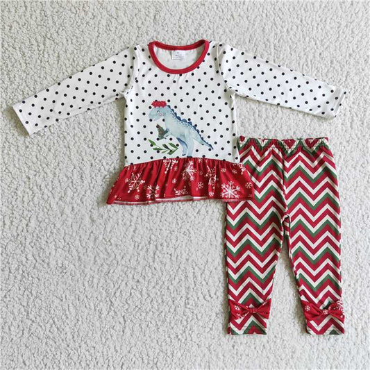 GLP0226 Girls Dinosaur Christmas Tree Long Sleeve Pants Set