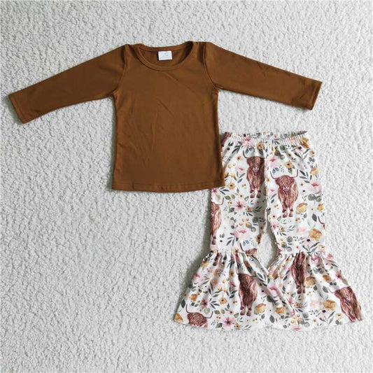 GLP0277Brown cotton top highland cow pants girls fall clothing set