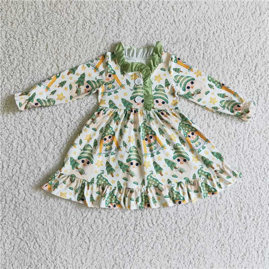 GLD0130  Baby Girls Christmas Cartoon Green Knee Length Gown Dresses