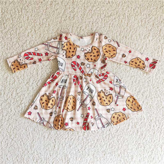11.26 RTS NO MOQ （In stock）GLD0114 Baby Girls Pink Cookie Christmas Twirl Knee Length Dresses