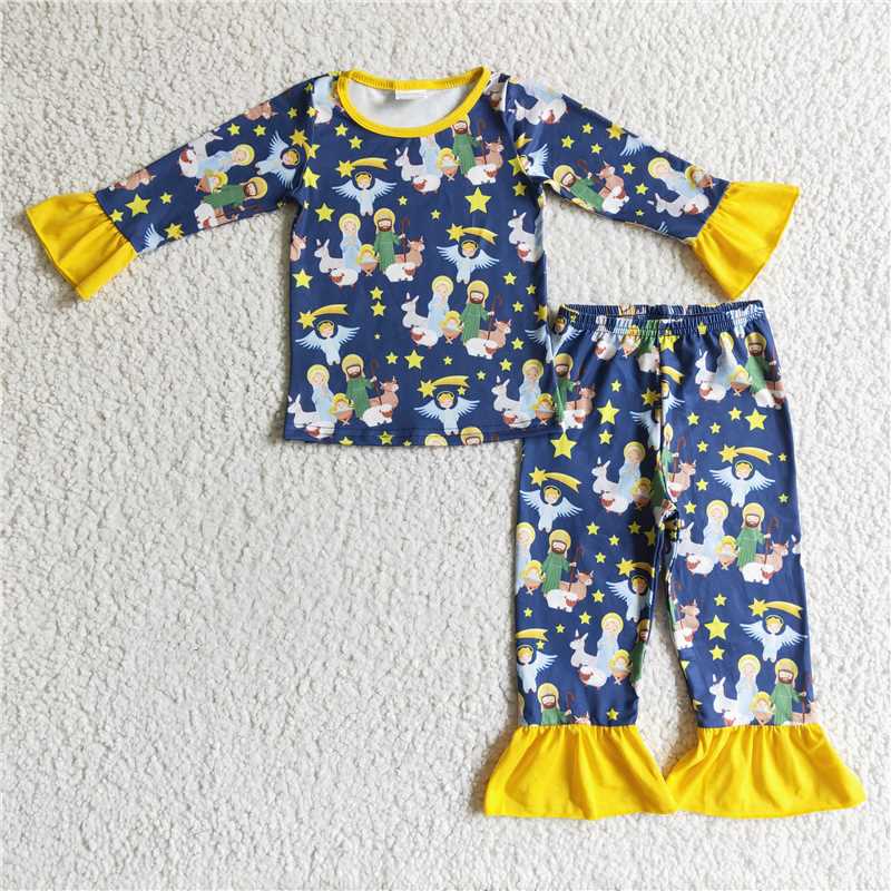 GLP0290Nativity yellow ruffle baby girls Christmas pajamas