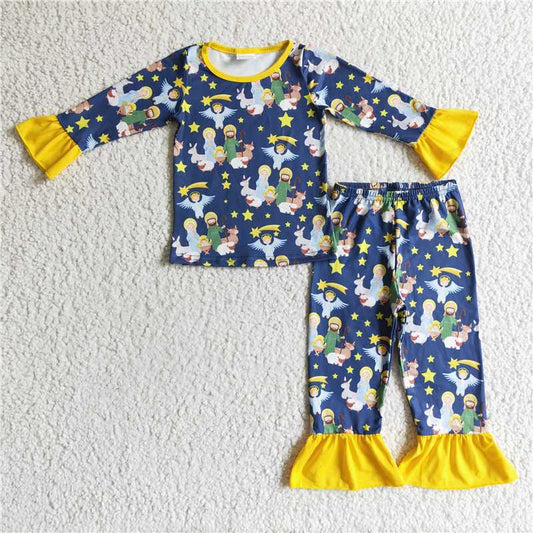 GLP0290Nativity yellow ruffle baby girls Christmas pajamas