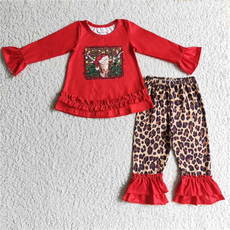 GLP0343 Girls' Alpine Red Long Sleeve Leopard Print Trousers Set