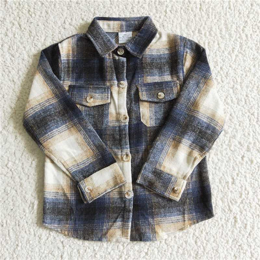 BT0117 Navy plaid cotton pocket boy super thick flannel button up shirt