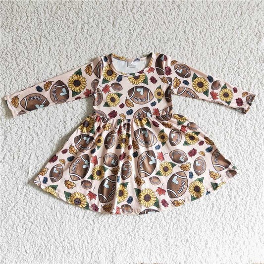 GLD0137  Baby Girls Fall Baseball Print Western Knee Length Dresses