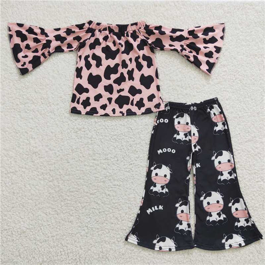 GLP0376Mooo milk cow long sleeves pants girls clothing set