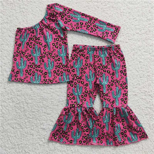 GLP0413Leopard cactus one shoulder kids girls clothing set