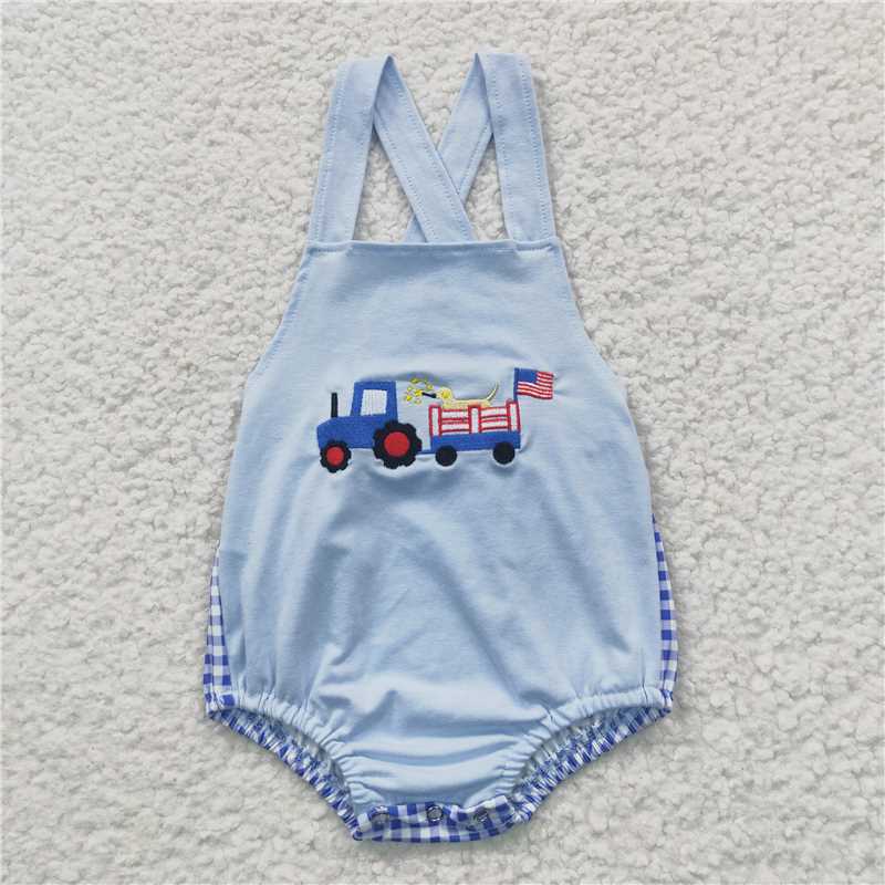 USA Warehouse (IN STOCK) SR0273 Dog truck flag embroidery baby boy 4th of july romper
