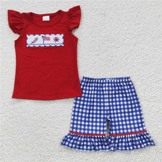 GSSO0193 Embroidery 4th of July Girls Flag Fireworks Red Short Sleeve Shorts Suit