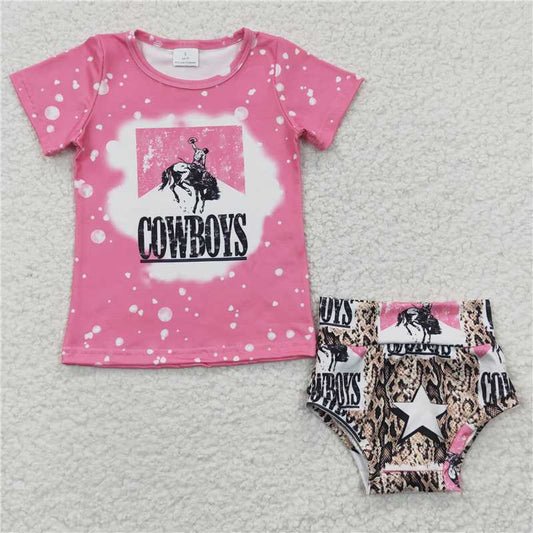 GBO0084  Baby Girls Pink Cowboys Tops Star Bummie Sets