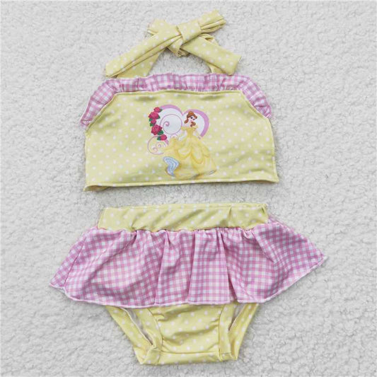 S0055  Baby Girls Princess Yellow Tie Back Tow Pieces Swimsuits