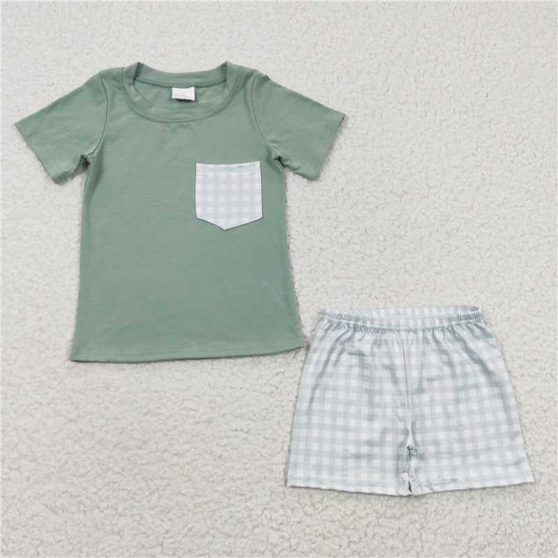 BSSO0236  Baby Boys Green Plaid Pockets Shorts Sets