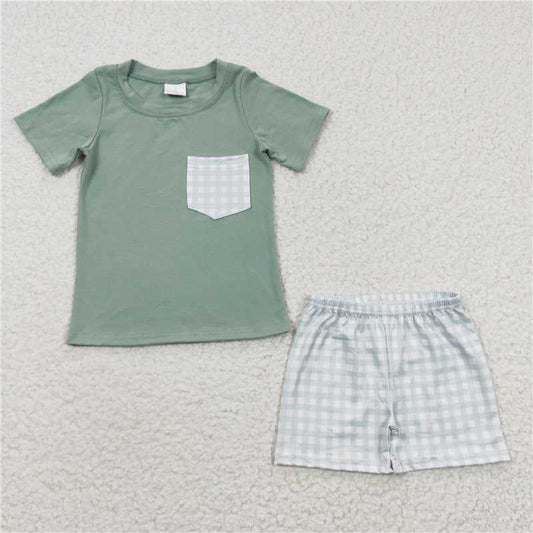 BSSO0236  Baby Boys Green Plaid Pockets Shorts Sets