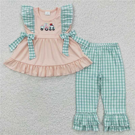 GSPO0447 Girls Embroidered Car Cow Pink Flying Sleeve Green Plaid Trousers Set