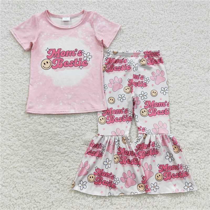 GSPO0742 mom's bestie smiley face flower pink short-sleeved trousers set
