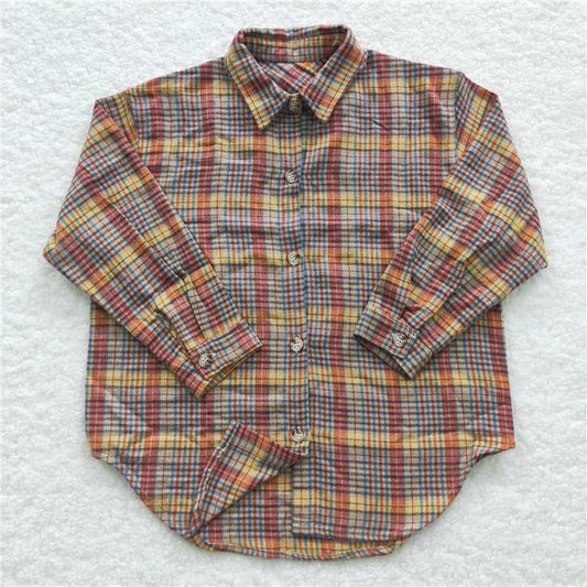 BT0241 Baby Boys Orange Plaid Long Sleeve Shirts Tops