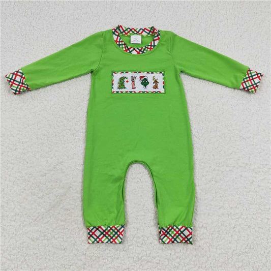 RTS LR0325 Boys Christmas embroidered cartoon grinch dog plaid green long-sleeved jumpsuit