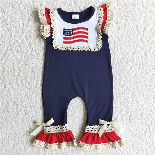 C3-4  4th of July girls flag embroidered rompers