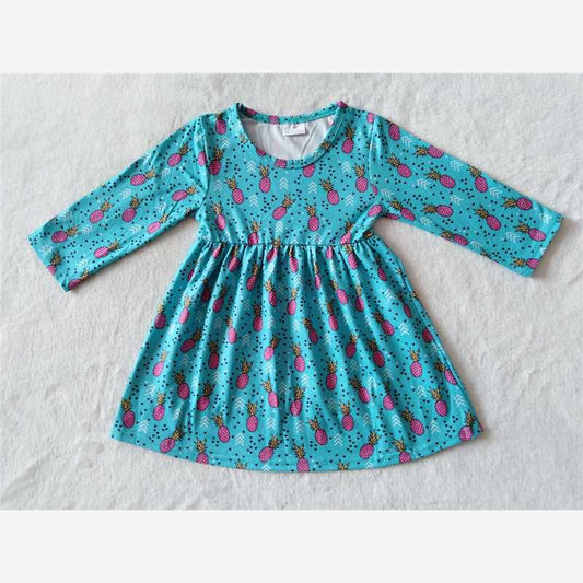 9.15 RTS NO MOQ （In stock）G2-20-7/ Baby Girls Winter Dress Baby Girls pineapple blue knee-length Dresses