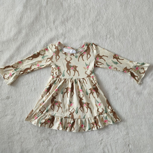 9.30 RTS NO MOQ（In stock）G2-14- Baby Girls Winter Dress Sika deer leaf trumpet sleeve long-sleeved dress
