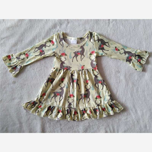 9.26 RTS NO MOQ（In stock）G2-24/ Baby Girls Winter Dress Beige long-sleeved dress with elk flowers